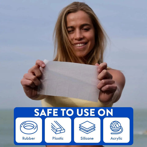 Woman holding a hearing aid cleaning wipe, text showing it's safe for rubber, plastic, silicone, acrylic. Alcohol Free Hearing Aid Cleaning Wipes 100 Pcs Individually Packaged.