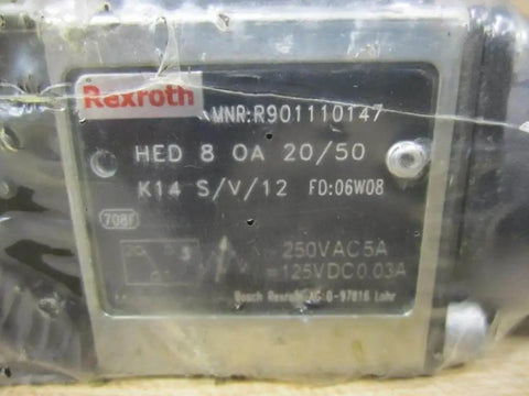 Close-up of label on Hydraulic Solenoid Valve HED 8 OA 20/50 K14 S/V/12 R901110147, showing specifications and branding.
