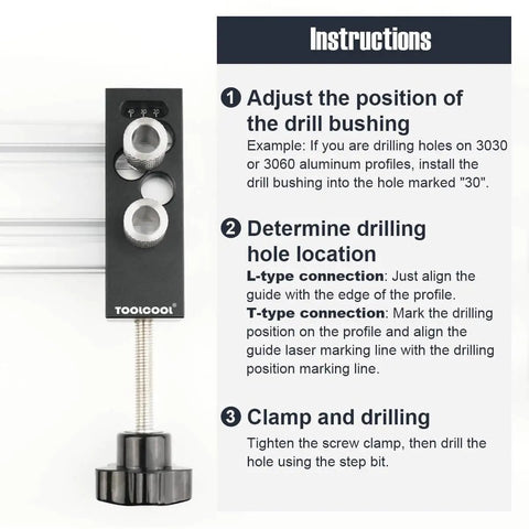 Instructions for using Aluminum Profile Drill Guide For Access Holes, showing drill jig setup on extrusion with guide clamp.