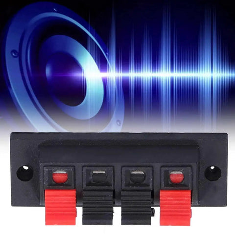 4 Way Speaker Connector Spring Loaded Terminal Kit Black ABS Metal Build For Easy Wiring Handles Zero To Two Hundred Fifty Volts Three Amps Rating Durable Audio Terminal Clips perfect for speaker upgrades with soundwave design backdrop.