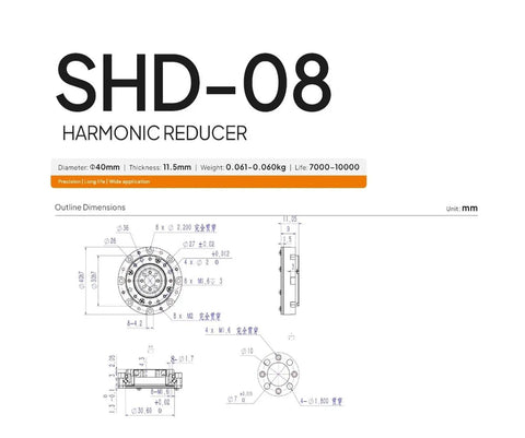 Technical diagram of SHD-08 harmonic reducer with measurements, showing part of Pro Grade Mini Hollow Motor Speed Reducer 42mm Small Gearbox.