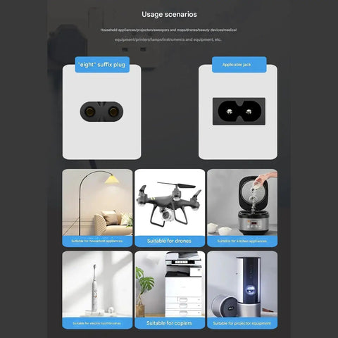 Diagram showing non-polarized two-prong plug and usage with household appliances, drones, kitchen gadgets, and more.