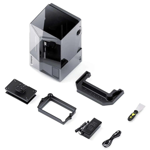 Saturn 4 Ultra 16K Resin 3D Printer with accessories including build plate, tank, power supply, and scraper displayed.