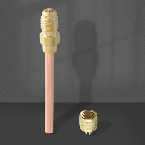 AUTOKAY HVAC Schrader kit: copper tube with brass threaded adapter and knurled cap, front view