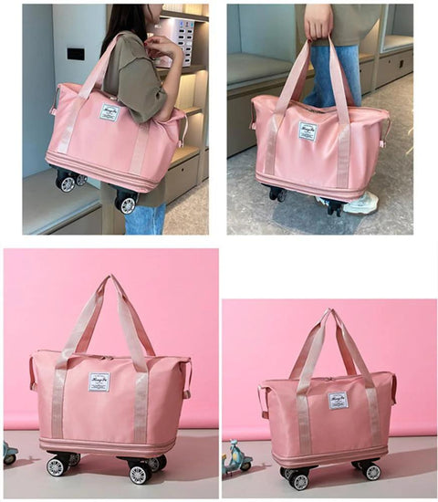 Expandable Travel Tote Bag with Trolley Sleeve and Wheels, Waterproof Oxford Duffel, Pink Duffle with Detachable Wheels Shown on Floor