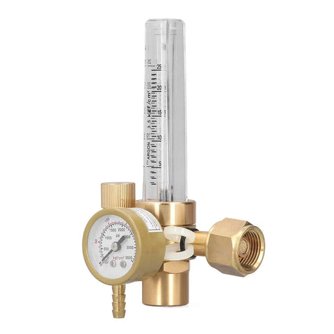 CO2 Welding Gas Regulator With Flowmeter Brass Body For MIG Welding, Adjustable Flow From Zero To Twenty Five LPM, Pressure Rating To Three Thousand Five Hundred Psi, Five Eighth Inch Male Connector, Durable Brass Construction