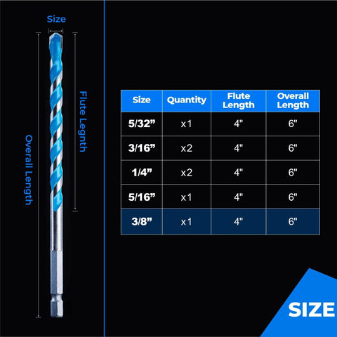 3/8 Inch Masonry Drill Bit Set With Shockproof Hex Shank For Hammer Drills, size chart and drill bit dimensions shown