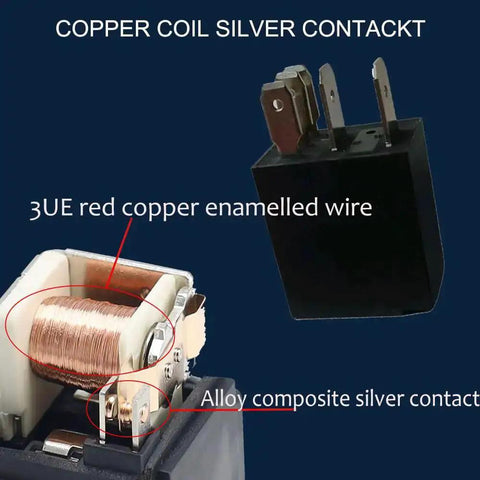 Close-up of 12V 30A 5 Pin SPST Automotive Relay with copper coil and silver contact for electrical systems, highlighting 3UE copper wire.