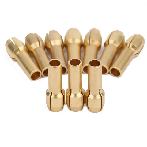 10 Pack Brass Collet Nut Adapters 3.2mm Replacement for Dremel Rotary Tools displayed in a fan layout on white background