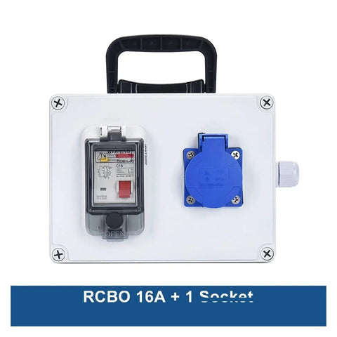 Front view of Wall Mounted Waterproof Power Box With Dual Button IP54 110V 220V 16A featuring RCBO and socket.