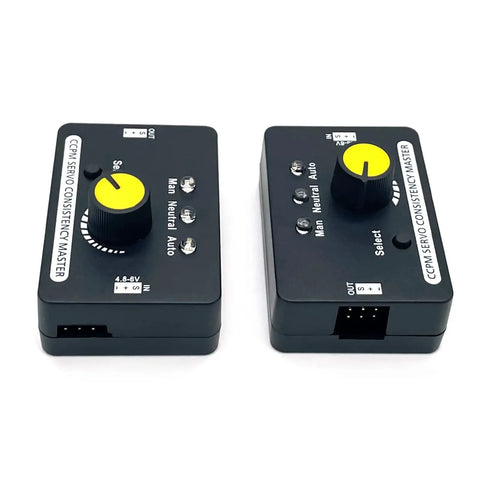 Pair of black RC servo tester units with yellow adjustment knobs for ESC/motor testing in RC airplanes