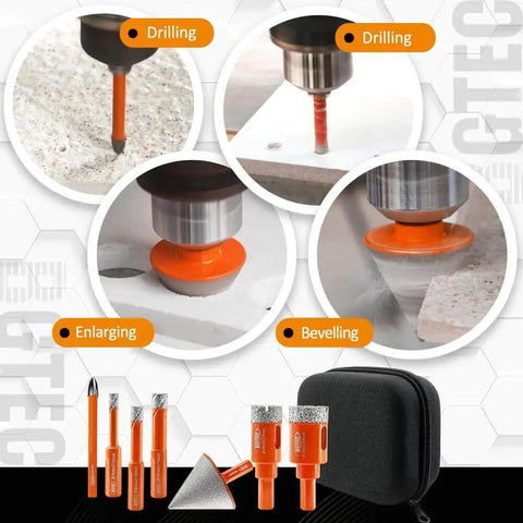 Diamond Core Drill Bit Kit For Tile And Porcelain, 8pc Go-To Triangle Shank Hole Saw Set with bits and case shown.