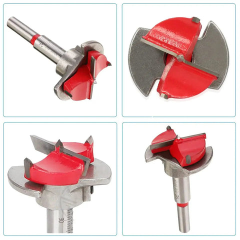 Adjustable 15 To 35mm Forstner Hole Saw Cutter For Woodworking, durable alloy blade, close-up view of 30mm red and silver drill bit.