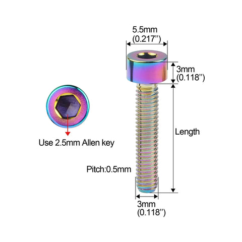 Locking Titanium Socket Head Hex Screws Set of 5 M3 x 20 mm TC4 Alloy Silver Anodized dimensions and Allen key use