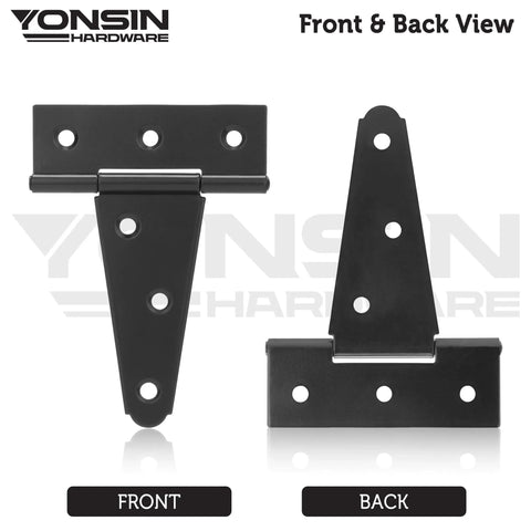 Front and back view of 4 Inch T Strap Shed Door Hinges 4 Pack Heavy Duty Black Finish For Wooden Fence Gate Outdoor Barn Door Hardware 2mm