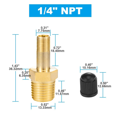 Diagram of Inflation Schrader Valve With Push To Connect For One Quarter Inch Air Line Tubing And Air Spring Suspension For Semi Truck Trailer Tractor Brass Anti Corrosion 150 PSI Max One Quarter Inch Male NPT Fittings showing size measurements