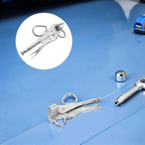 Pro Grade Heavy Duty Auto Body Frame Pulling Clamp With Extra Wide Duckbill Jaw shown on metallic auto panel background