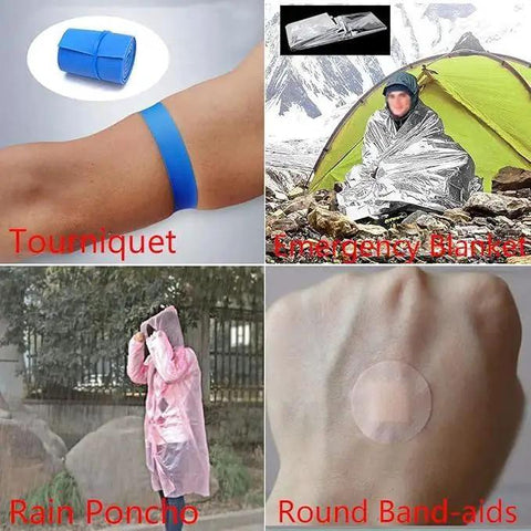 Image showing tourniquet, emergency blanket, rain poncho, and round band-aids included in First Aid Kit IFAK Pouch With MOLLE Tactical Med Bag.