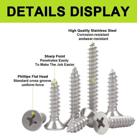Size 4 Flat Head Wood Screws Assortment Kit 420 Pcs Stainless Steel 304 Phillips Short Screws for Cabinet Hinge Mounting Electronics