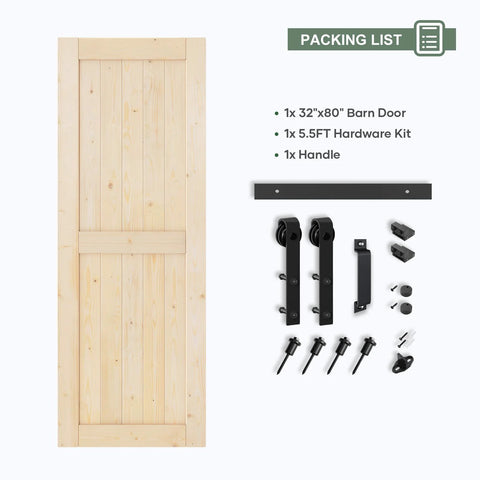 32x80 Inch Sliding Barn Door Slab With 5.5 Foot Hardware Kit Spruce Solid Wood Construction Easy DIY Assembly Rustic Barn Style Entry Door