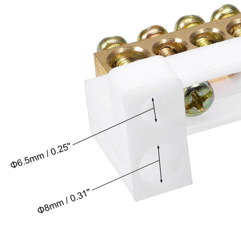 Close-up of Ten Position Terminal Block Connector Bar in a Single Row with High Bridge Design Solid Copper and Plastic Construction.