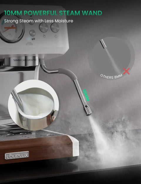 All-In-One 58mm Espresso Machine With Built-In Grinder And Milk Steam Wand, showcasing 10mm powerful steam wand feature.