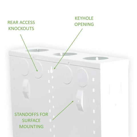 Rear view of 28 Inch Structured Media Enclosure with Hinged Locking Door 20 Gauge Steel Flush Or Surface Mount showing keyhole opening