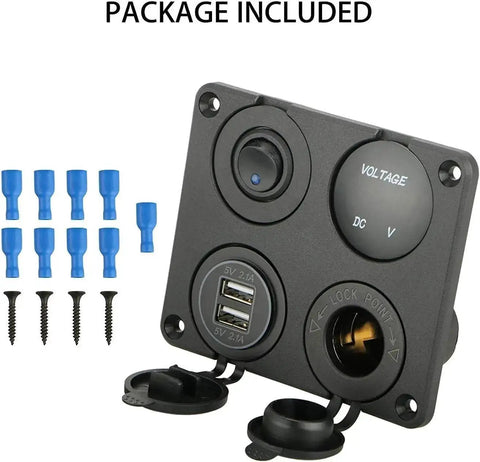 4 In 1 Car Charger Panel With LED Voltmeter And Dual USB 4.2A Fast Charge Cigarette Lighter Socket LED Rocker Switch package