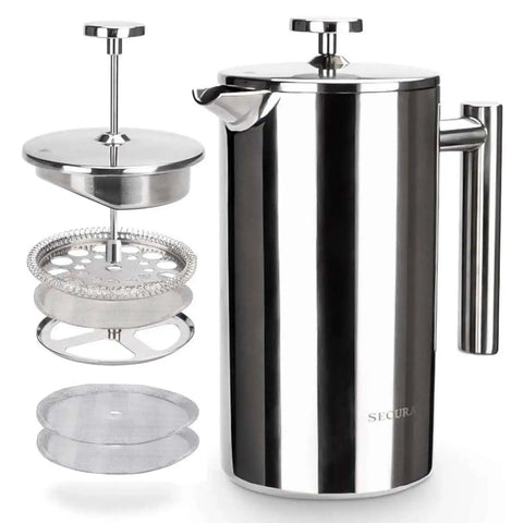 34oz 304 Stainless Steel French Press Coffee Maker with insulated double wall carafe and three layer filter system, extra screens