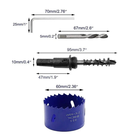 DIY Ready Hole Saw Kit 2-3/8 Inch 60mm Bi-Metal HSS Cutter 1-1/4 Inch Cutting Depth Hex Shank Drill Bit Adapter components