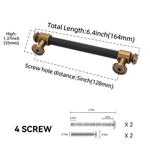 Diagram of Five Inch Knurled Cabinet Pulls In Black And Antique Brass, 10 Pack For Kitchen Cabinets, lengths and screw details shown.