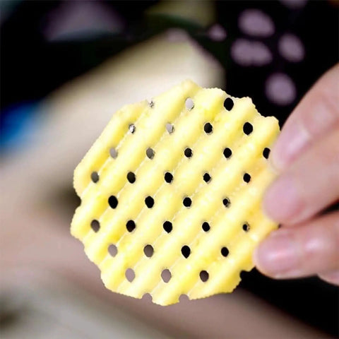 Waffle-cut potato slice showing a lattice pattern made by the Wave Waffle Fries Cutter And Crinkle Slicer Set Stainless Steel