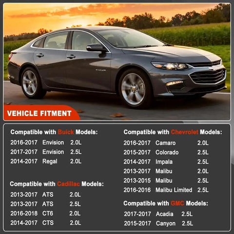 Vehicle fitment chart for Plug-And-Play Intake And Exhaust Camshaft Position Actuator Solenoid Kit For Chevy Malibu Impala Regal Canyon 2.0L 2.5L VVT Upgrade 2013-2017 Models OEM Replacement 12662736 12662737 next to a Chevy vehicle image