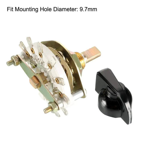 Band Selector Rotary Switch 1 Pole 7 Position With Knob For Panel Mount, 8 Pin, 9.7mm Mount Hole, 6mm Shaft, Includes Black Plastic Knob