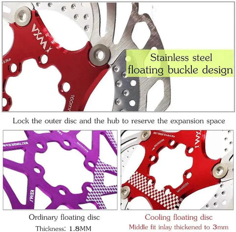 YBEKI floating disc brake rotor set, red and purple colors, 140/160/180/203mm, 6-bolt stainless steel floating design