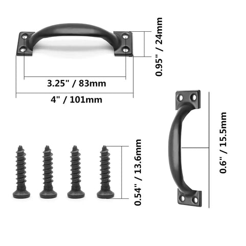 Matte Black 4 Inch Cabinet Handles Set Of 4 Metal Drawer Pulls With Screws for Rustic Dresser and Cupboard, dimensions shown.