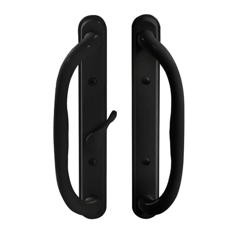 10 Inch Olympus Sliding Patio Glass Door Offset Pull Handle Set Replacement Non Keyed Black Finish Fits 3 15/16 Inch Hole Spacing And 1 1/4 To 2 1/4 Inch Door Thickness With Four Hole Pattern Escutcheon Plate shown in black