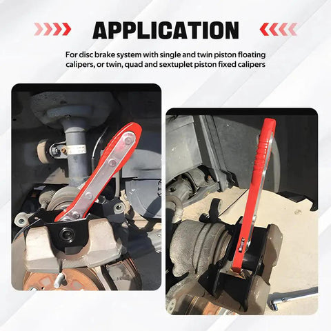 BARTOO red ratcheting brake caliper piston spreader tool installed on disc brake caliper; includes 2 steel plates.