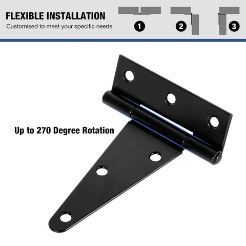 Beefy Four Pack 4 Inch T Strap Hinges Heavy Duty Outdoor Hinges For Wood Gates Barn Fence Shed Doors Black Finish with 270 Degree Rotation