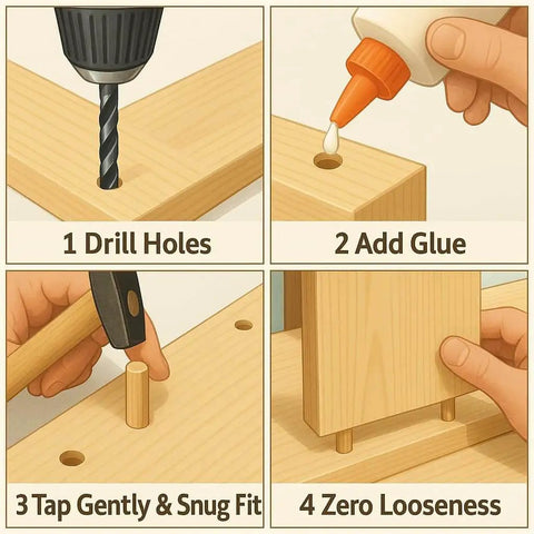 4-step guide using 50 Piece Hardwood Dowel Pins 1/2 Inch By 2 Inch Kiln Dried Schima Superba for woodworking joining process.