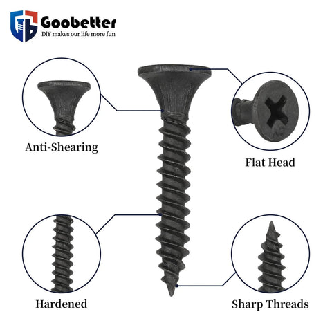 Beefy Heavy Duty Drywall Screws Set Of 200 Size Six By One Inch Coarse Thread Phillips Flat Countersunk Head For Wood Studs And Sheetrock Made From 1022A Phosphated Carbon Steel Grade Eight Point Eight Hardness