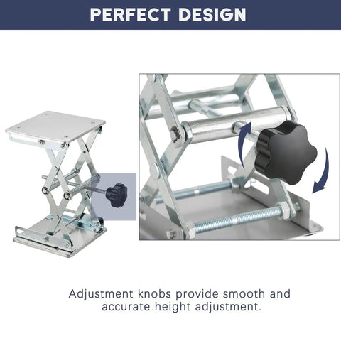 Close-up of Stainless Steel Lift Table Lab Stand With Hand Wheel 6x6 Platform 75mm-260mm showcasing hand wheel and adjustment knobs.