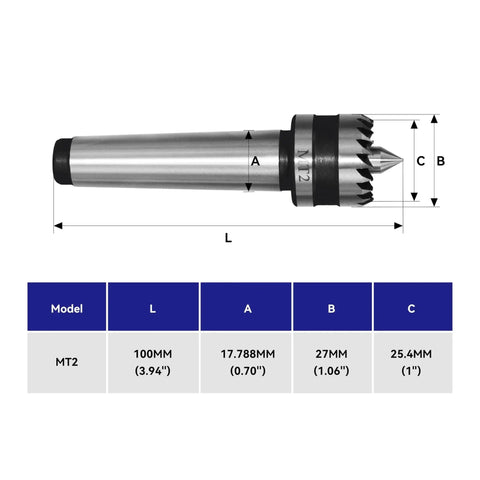 Solid MT2 Wood Lathe Drive Center With 1 Inch Crown For Tight Spindle Grip And Stable Cuts Alloy Steel Construction