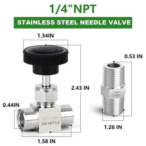 Stainless steel needle valve with black knob, 1/4in NPT female, 304 stainless body and nipple adapter