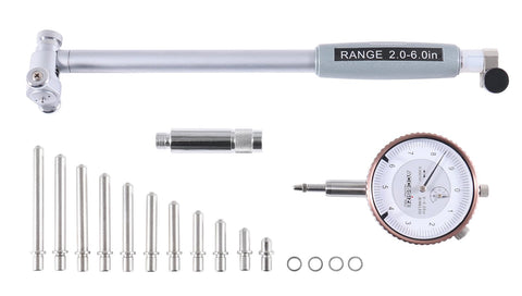 Ultra Precision Six Piece Outside Micrometer Set With Dial Bore Gauge Kit 0 To 6 Inch Range with micrometers and dial gauge.