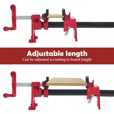 Two Pack Three Quarter Inch Pipe Clamps For Woodworking Heavy Duty Cast Iron Bar Clamps With H Shaped Feet displayed in adjustable length.