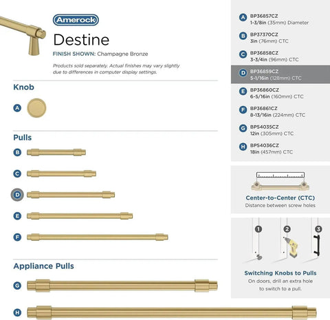 Champagne Bronze Destine Cabinet Pull display including 5-1/16 Inch Center-To-Center for Cabinets and Drawers details.
