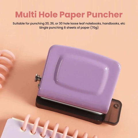 Purple 6 Hole Punch For A4 A5 B5 Notebooks and Planners, Portable Handheld Metal Circle Paper Puncher With 8 Sheet Capacity