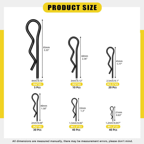 145 Piece Six Sizes Hitch Pin R Clip Assortment Kit Carbon Steel R Clips Cotter Pins Retaining Pins For Trailer Tractor Mower And Carts With Transparent Storage Case Includes M1.2x21 M1.5x33 M2x40 M2.5x45 M3x60 M4x85 product size detail
