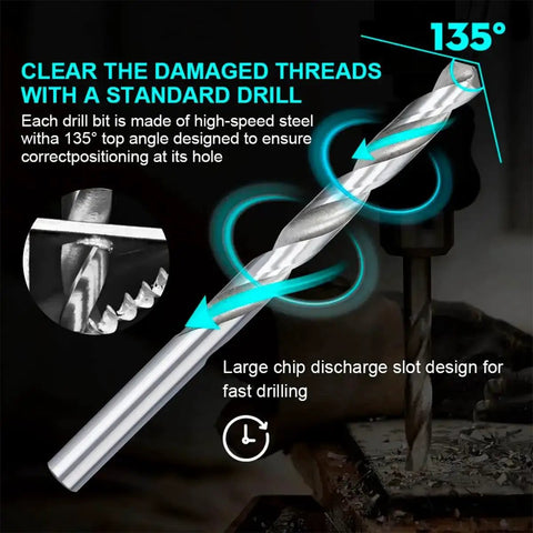Drill bit with 135-degree angle used in 25 Pcs M6 X 1.0mm Helicoil Thread Repair Kit Stainless Steel For Cars And Trucks Universal Auto Hand Tool Set Vehicle Repair Inserts For SUVs RVs And More Durable Rust Resistant Pro Grade